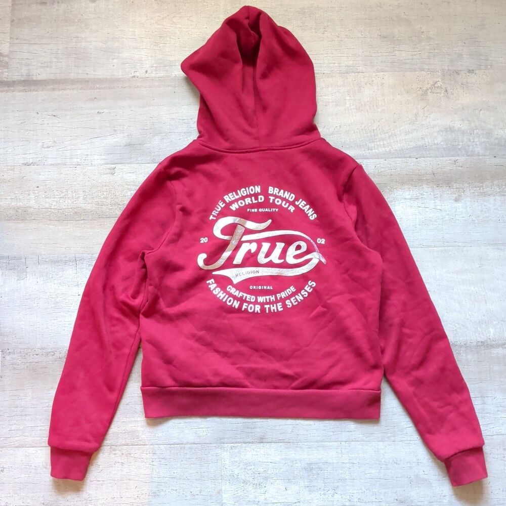 True Religion Women's Foil Classic Zip Hoodie Red Size L World Tour Logo